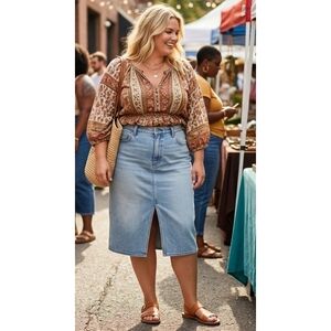 Old Navy High Rise Front Slit Denim Midi Skirt Light Wash Size 22